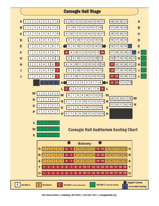 Carnegie Hall Hamilton Auditorium seating chart showing wheelchair accessible seating in blue